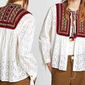 Zara XS Embellished Red Embroidered White Cardigan Top Mirror PomPom Boho Beachy